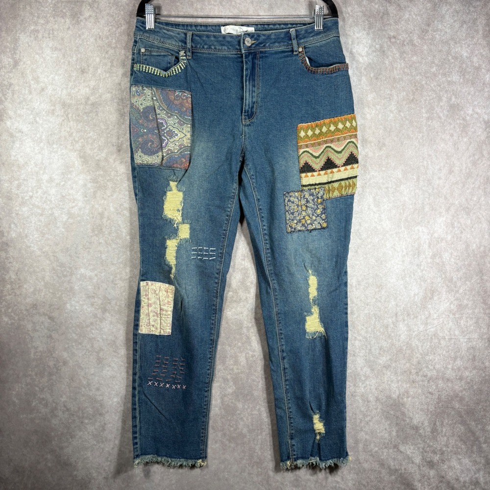 CATO Est 1946 Denim Jeans Womens Size 14 Blue Patchwork Mid Rise Distressed Boho